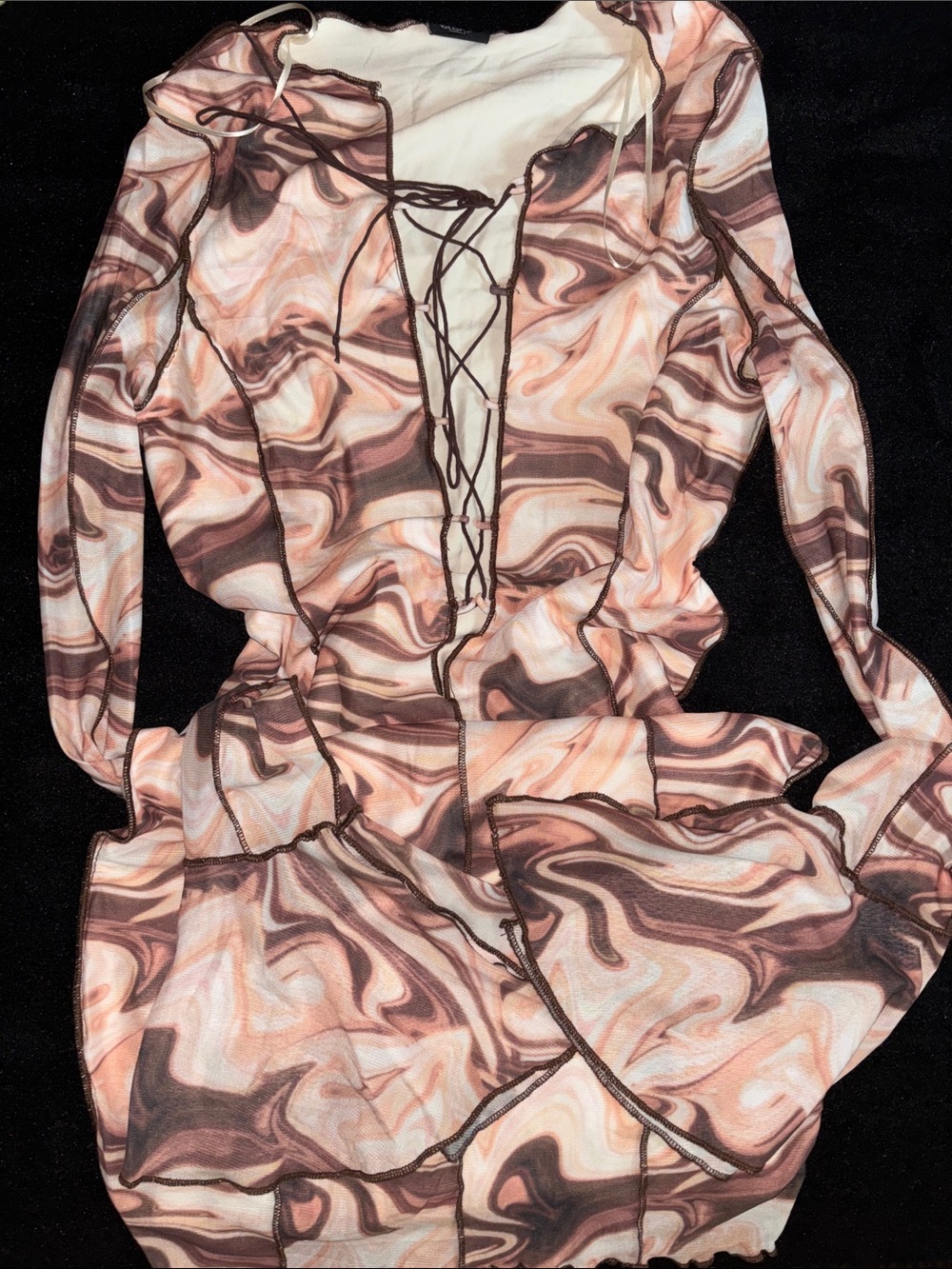 Women's Mini Dress - Pink & Brown Marble Print Lace-Up